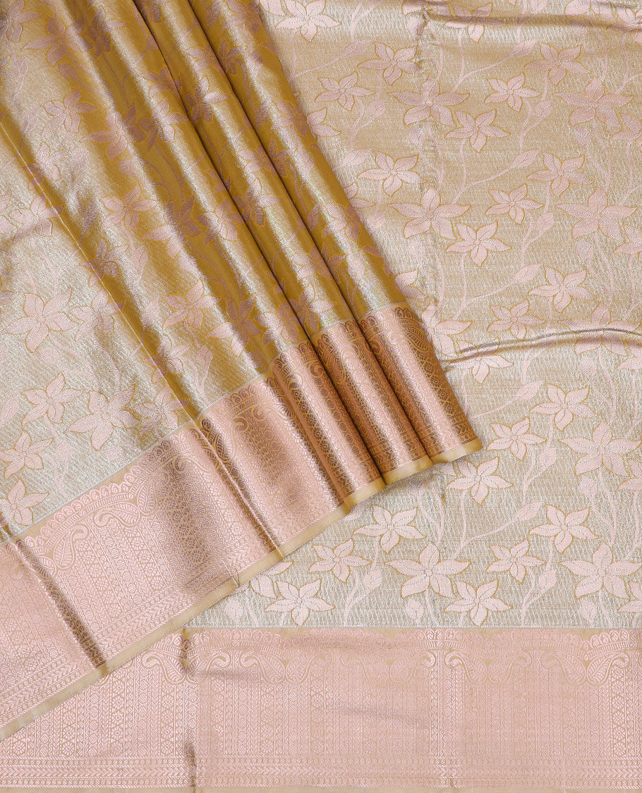 Sandal art silk pavadai material set, floral jaal jacquard pavadai, jaal design blouse & traditional zari border