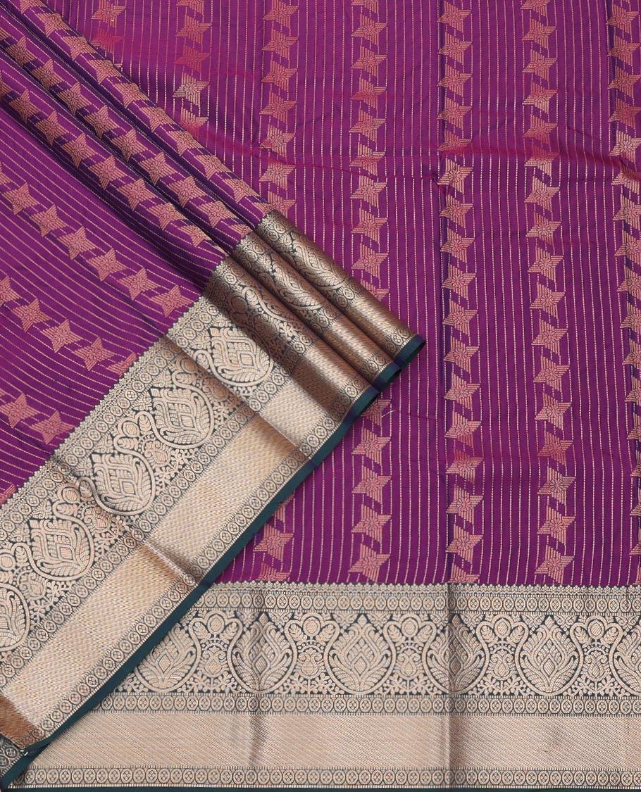 Purple Art Silk Pavadai Material Set Detailed with Zari Design on Its Skirt, Complemented by a Contrast Traditional Zari Design Border, and Paired with a Contrast Blouse