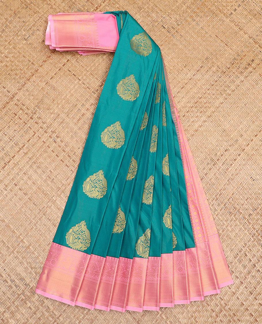 Blue peacock zari buttas budget silk saree, contrast traditional zari border, and jaal pallu