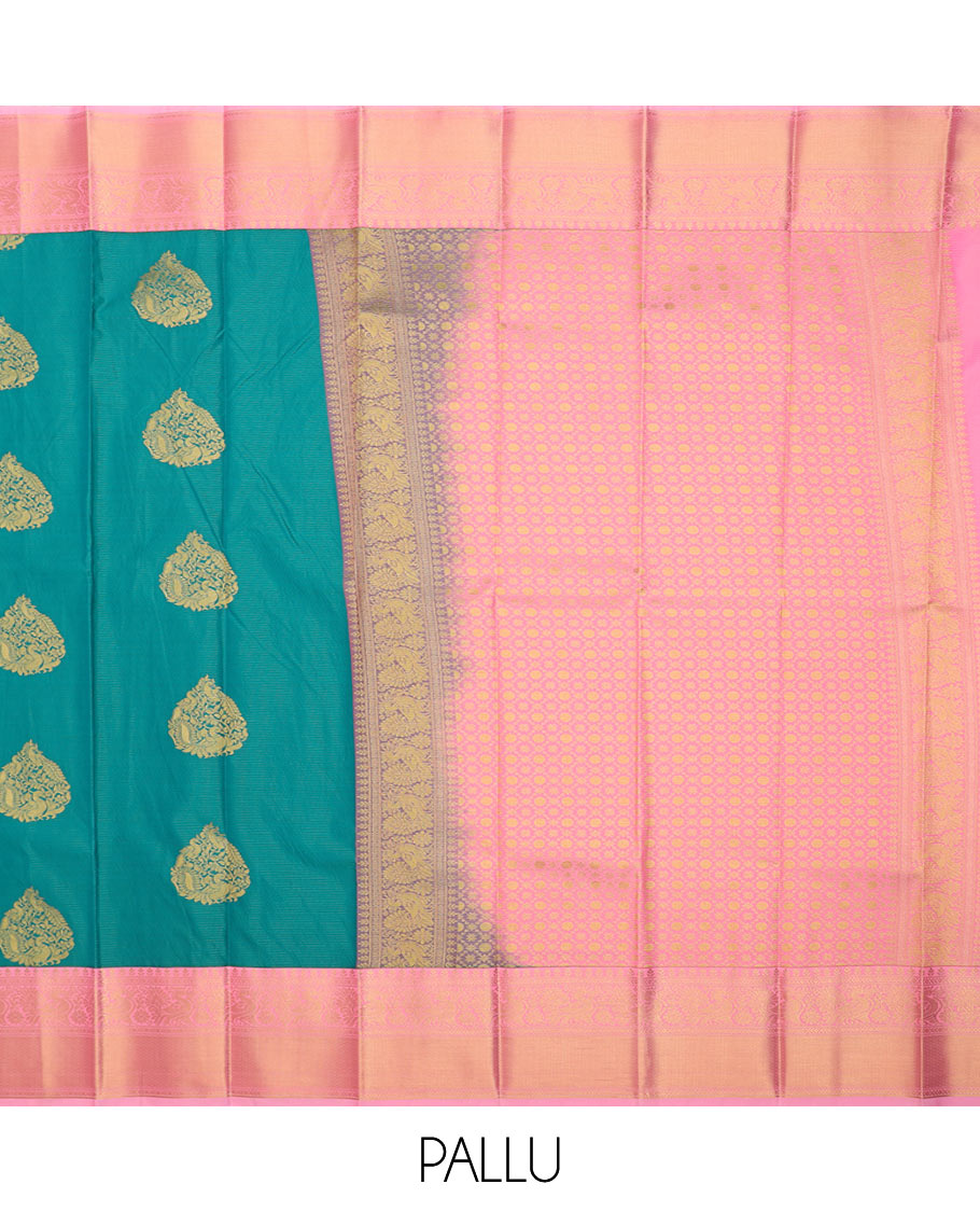 Blue peacock zari buttas budget silk saree, contrast traditional zari border, and jaal pallu