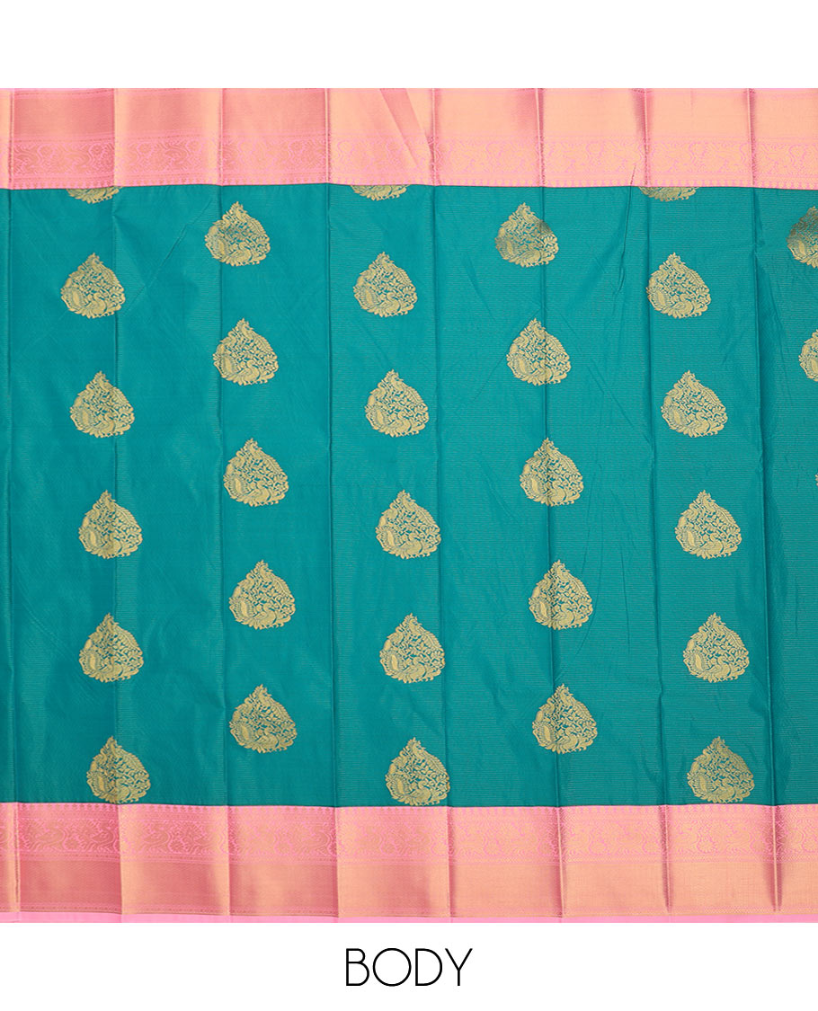 Blue peacock zari buttas budget silk saree, contrast traditional zari border, and jaal pallu