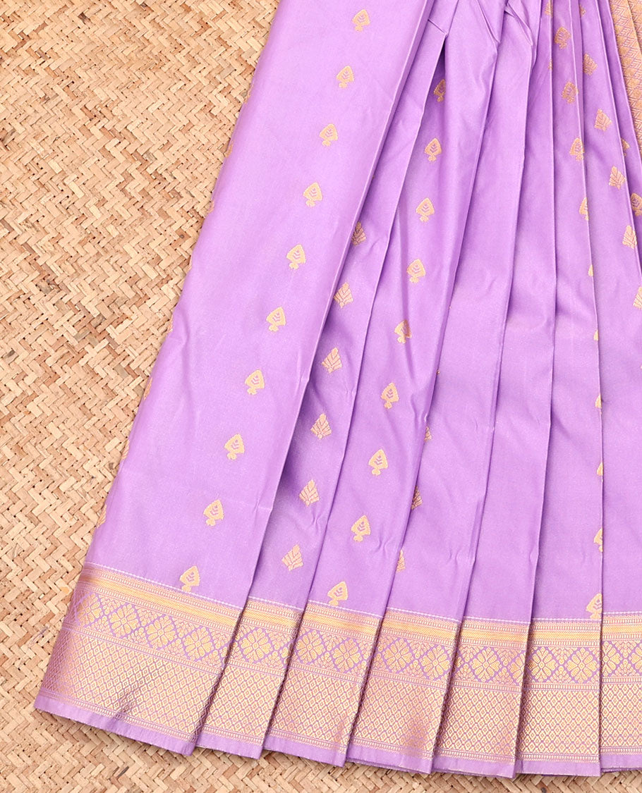 Lavender Budget Silk Saree, Prettified with Zari Buttas All Over Its Body, Highlighted by a Traditional Zari Design Border, Grand Jaal Pallu, and Paired with a Contrast Blouse