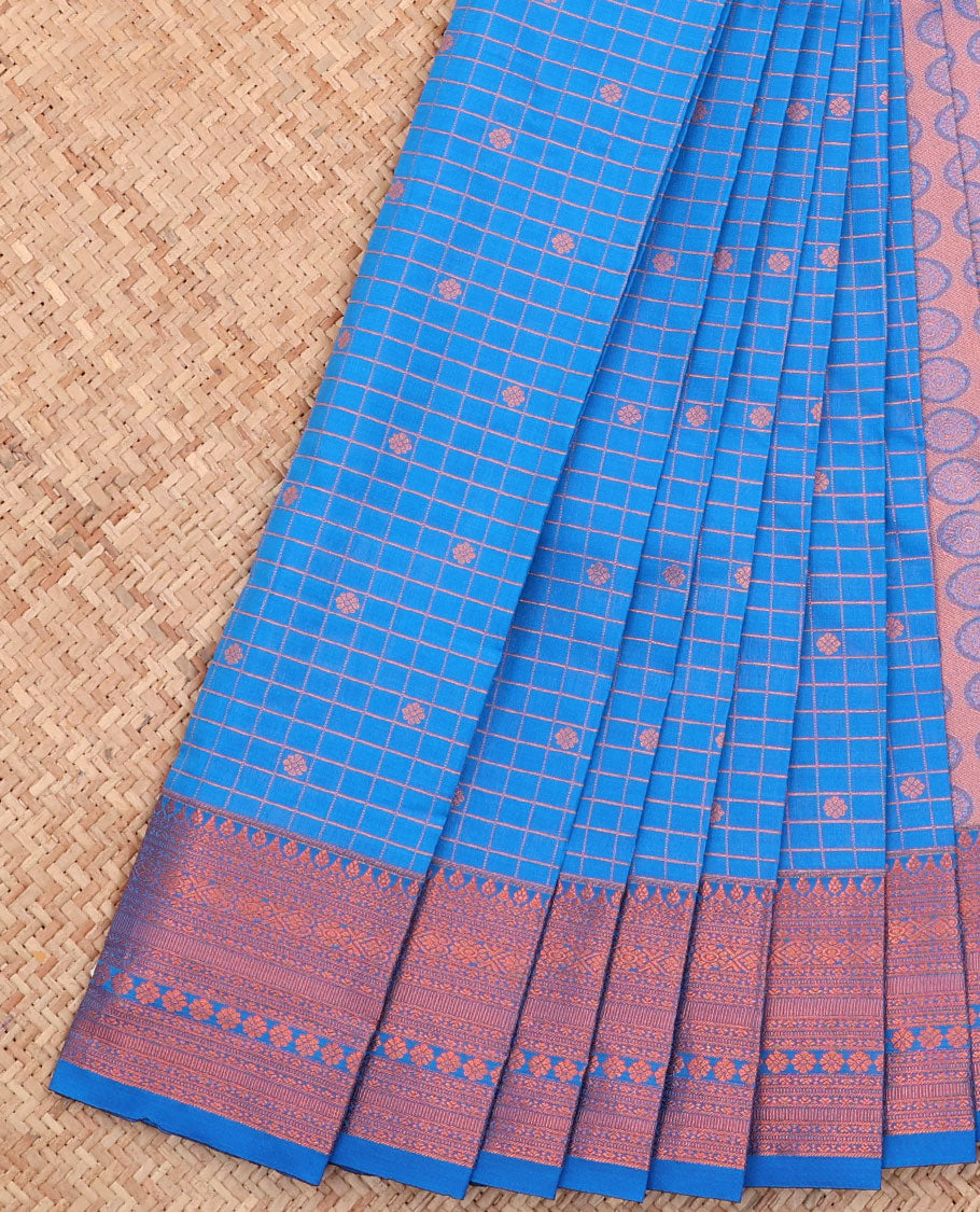 Blue Budget Silk Saree, Detailed with Zari Buttas and Checks All Over Its Body, Highlighted by a Traditional Zari Design Border, Grand Pallu, and Paired with a Matching Blouse