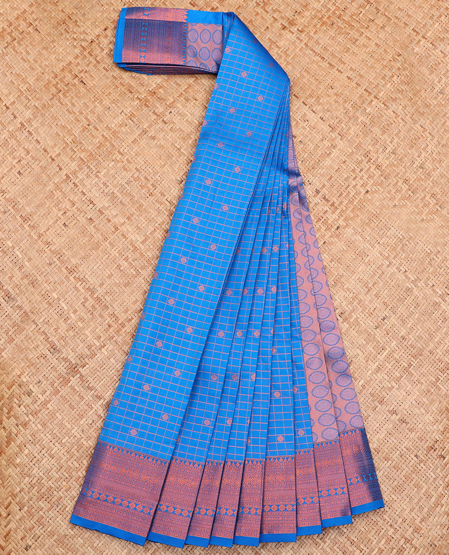 Blue Budget Silk Saree, Detailed with Zari Buttas and Checks All Over Its Body, Highlighted by a Traditional Zari Design Border, Grand Pallu, and Paired with a Matching Blouse