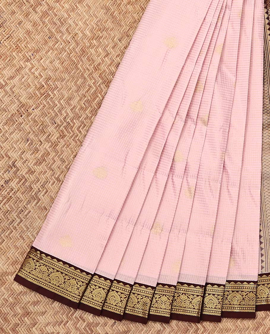 Baby Pink Budget Silk Saree, Subtly Sparkled with Zari Buttas and Checks, Complemented by a Contrast Traditional Zari Border, Grand Pallu, and a Contrast Blouse