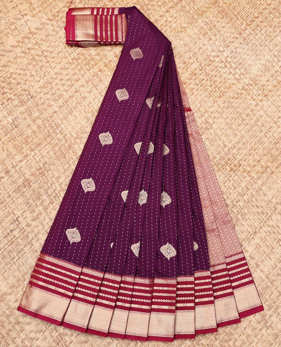 Purple Budget Silk Saree, Detailed with Zari Buttas, Contrast Traditional Zari Border, Grand Pallu, and a Contrast Blouse