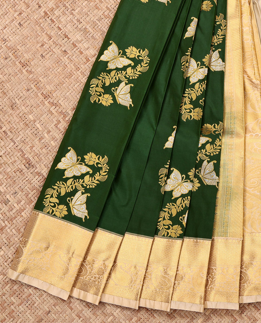 Green Budget Silk Saree, Gracefully Embellished with Butterfly Buttas, Complemented by a Contrast Traditional Zari Border, Grand Pallu, and a Contrast Blouse