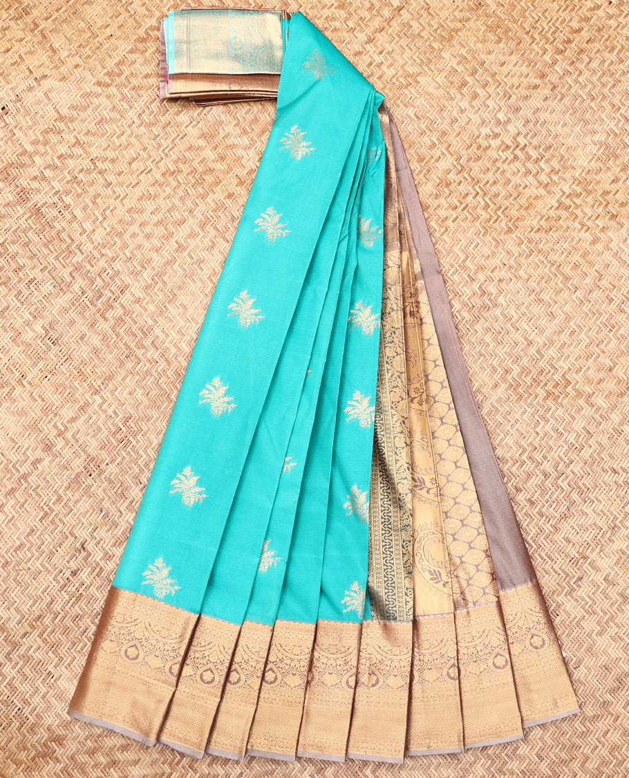 Turquoise Budget Silk Saree, Featuring Zari Buttas, Complemented by a Contrast Traditional Zari Border, Intricate Pallu, and a Contrast Blouse