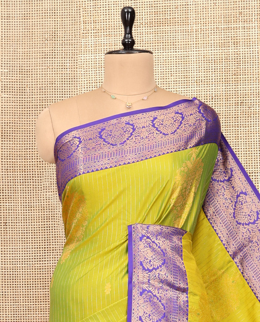 Green Budget Silk Saree, Detailed with Zari Buttas and Stripes, Complemented by Contrast Traditional Zari Border, Pallu of Jaal Designs, and Contrast Blouse