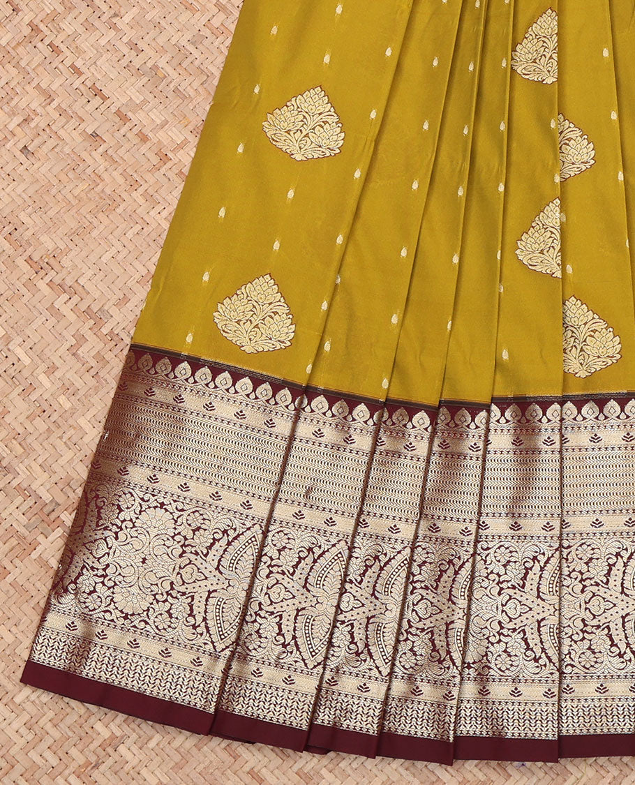 Mustard Budget Silk Saree, Steeped in Richness of Zari Buttas on Its Body, Complemented by a Contrast Traditional Zari Design Border, Pallu of Geometric Design, and Paired with a Contrast Blouse