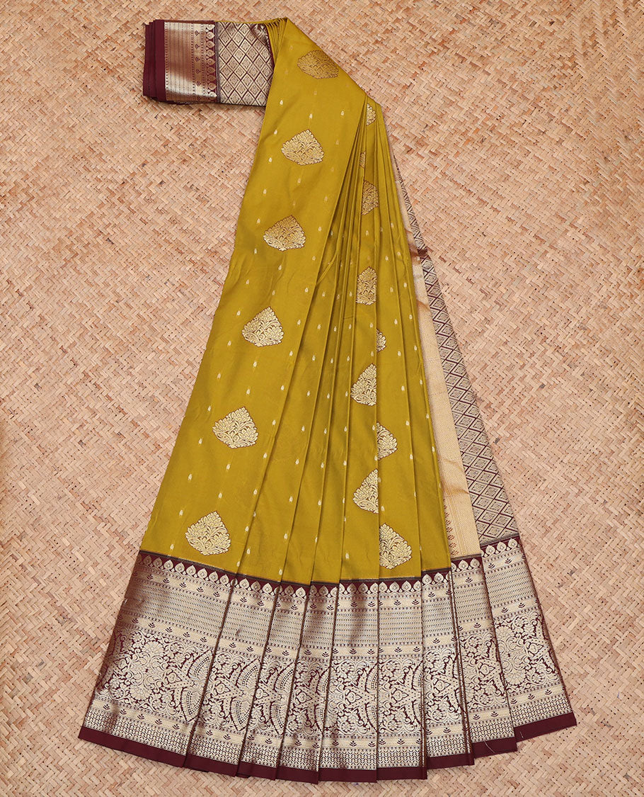 Mustard Budget Silk Saree, Steeped in Richness of Zari Buttas on Its Body, Complemented by a Contrast Traditional Zari Design Border, Pallu of Geometric Design, and Paired with a Contrast Blouse