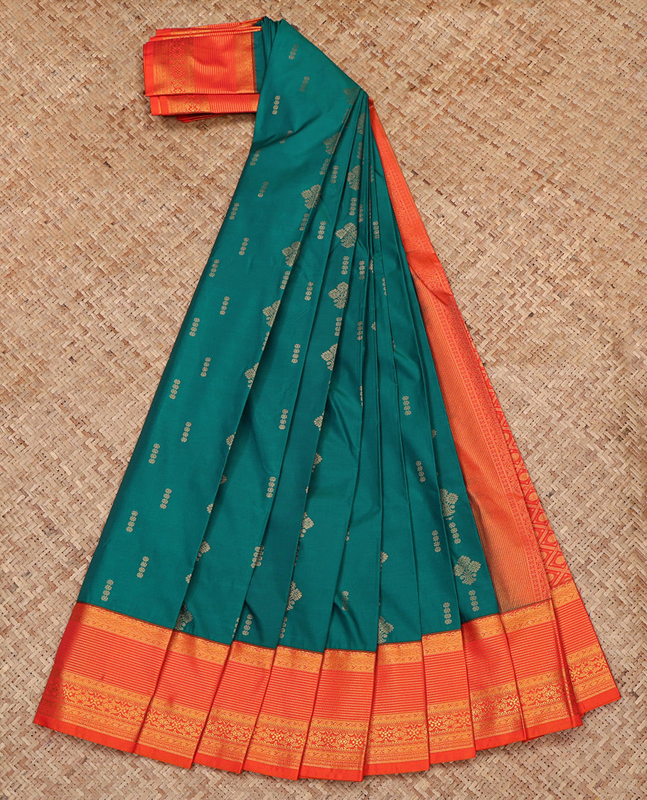 Green Budget Silk Saree, Showcasing Zari Buttas All Over Its Body, Complemented by a Contrast Traditional Zari Design Border, Grand Jaal Pallu, and Paired with a Contrast Blouse