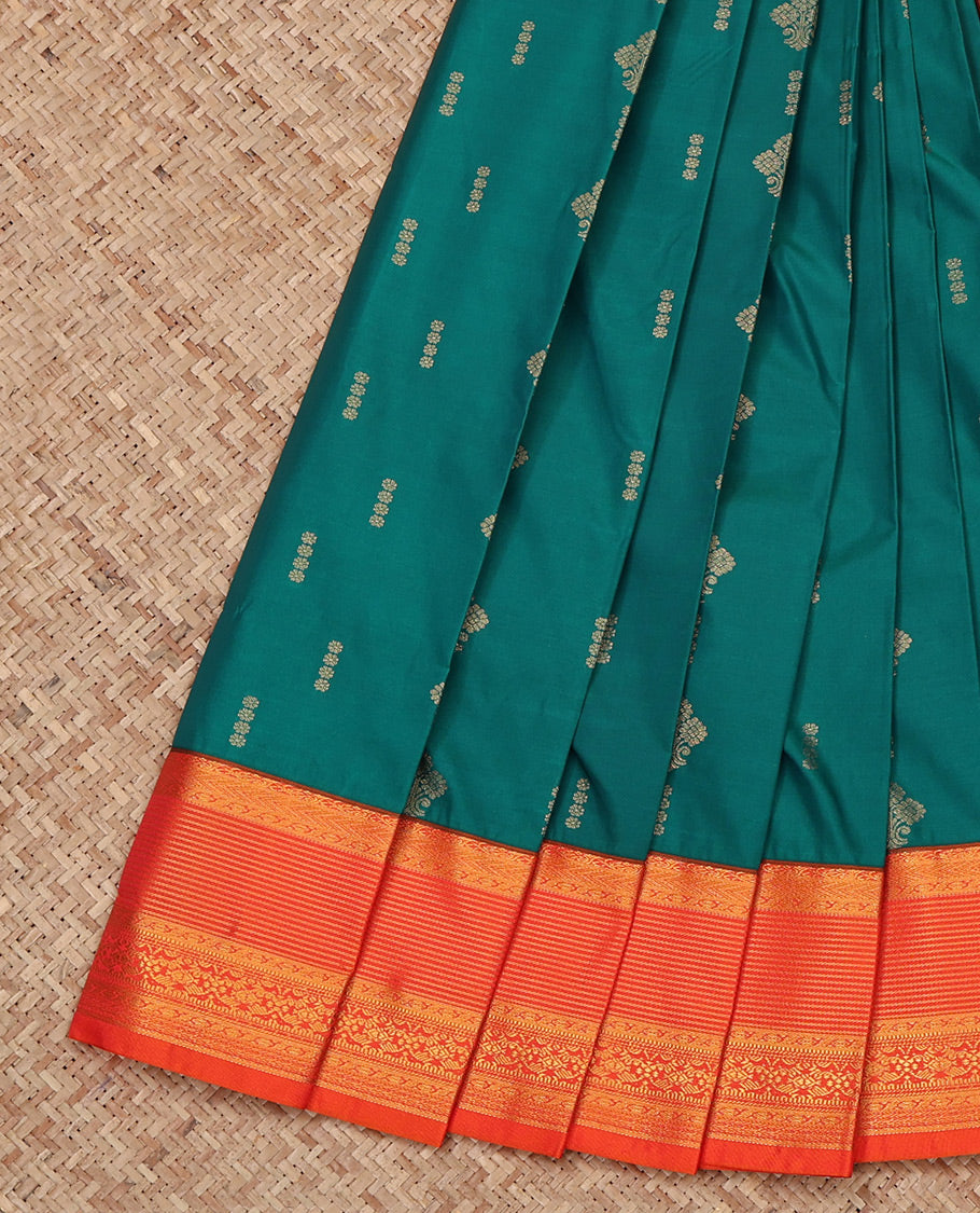 Green Budget Silk Saree, Showcasing Zari Buttas All Over Its Body, Complemented by a Contrast Traditional Zari Design Border, Grand Jaal Pallu, and Paired with a Contrast Blouse