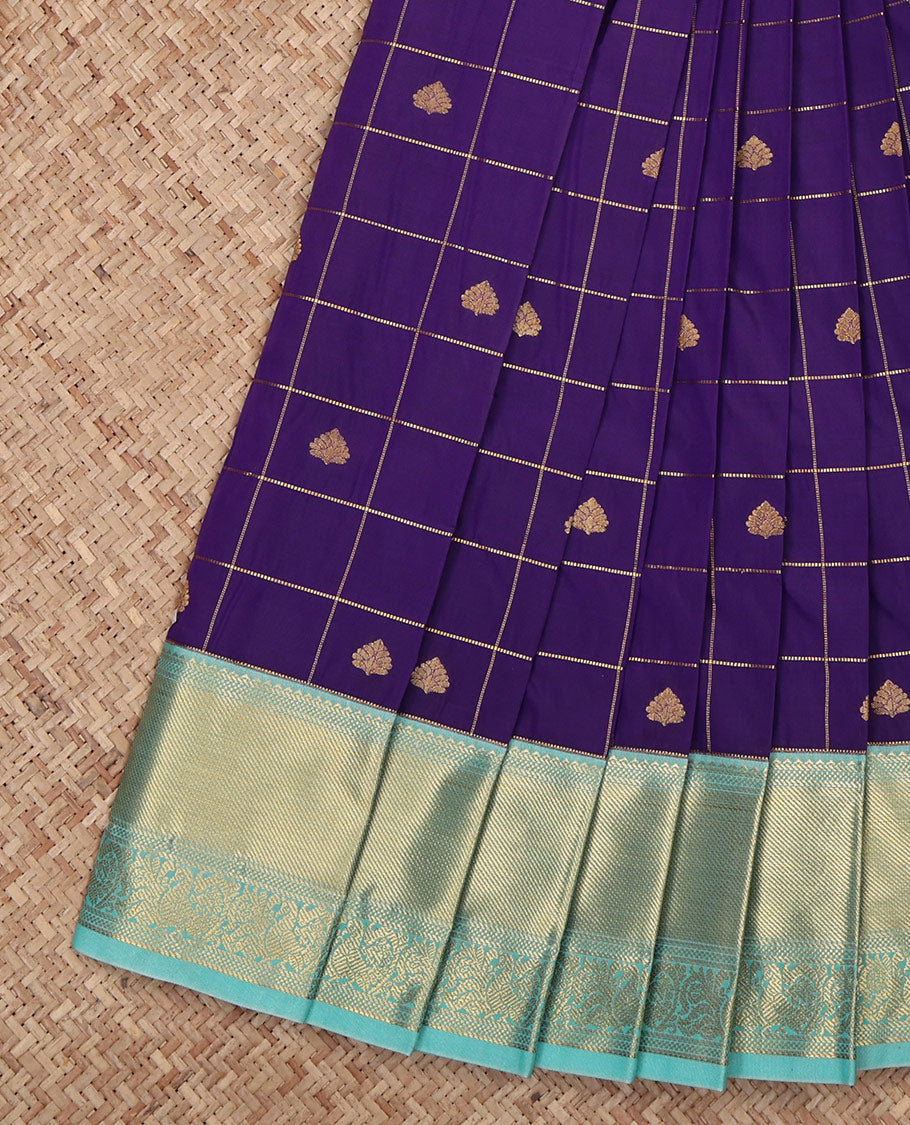 Violet Budget Silk Saree, Detailed with Zari Butta Enclosed Checks All Over Its Body, Complemented by a Contrast Traditional Zari Design Border, Grand Pallu, and Paired with a Contrast Blouse