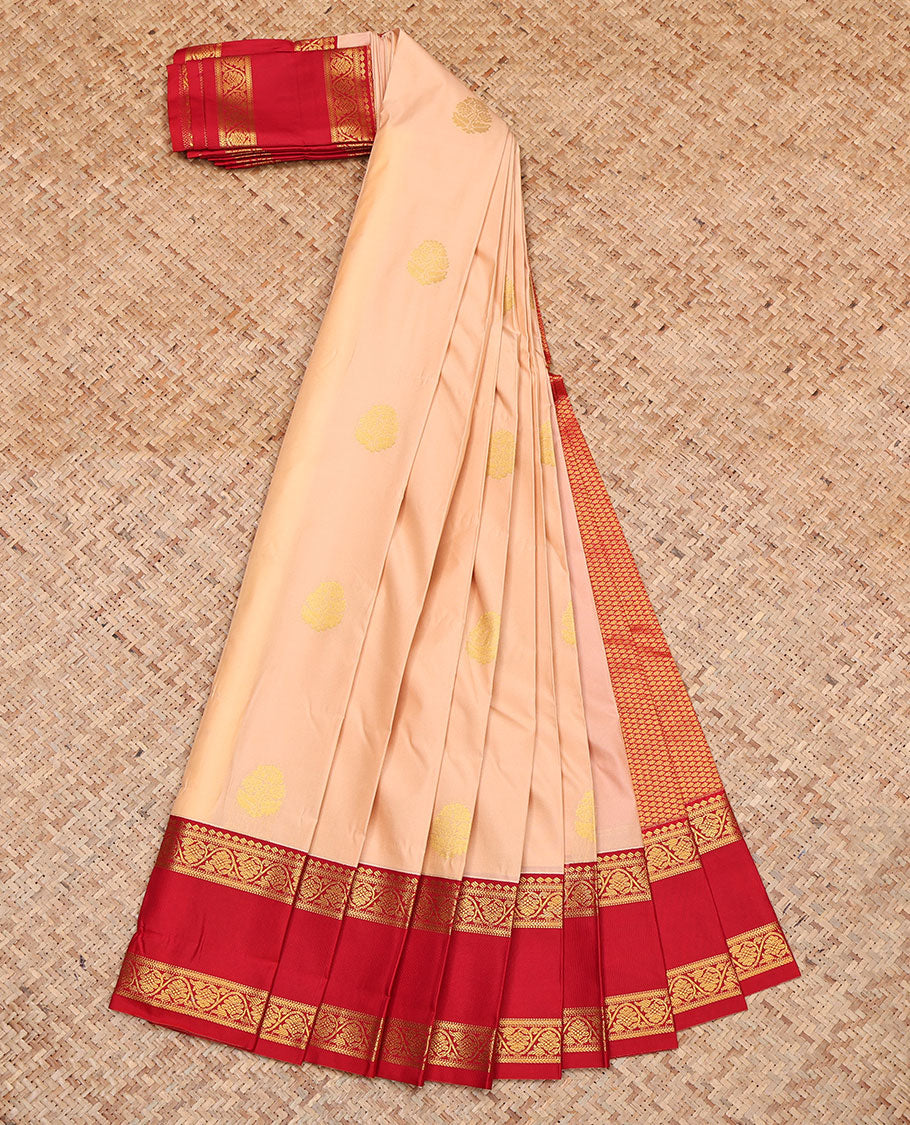 Peach Budget Silk Saree, Subtly Sparkled with Zari Buttas, Complemented by a Contrast Traditional Zari Rettai Pettu Border, Jaal Pallu, and a Contrast Blouse