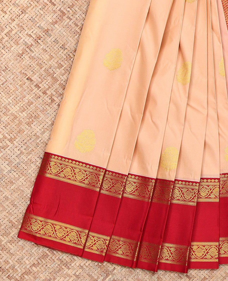 Peach Budget Silk Saree, Subtly Sparkled with Zari Buttas, Complemented by a Contrast Traditional Zari Rettai Pettu Border, Jaal Pallu, and a Contrast Blouse