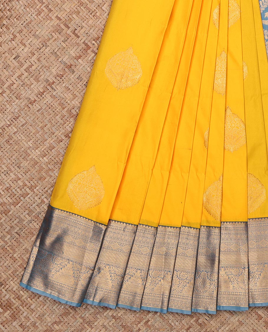Yellow Budget Silk Saree, Subtly Woven with Zari Buttas, Complemented by Contrast Traditional Zari Border, Grand Pallu and a Contrast Blouse