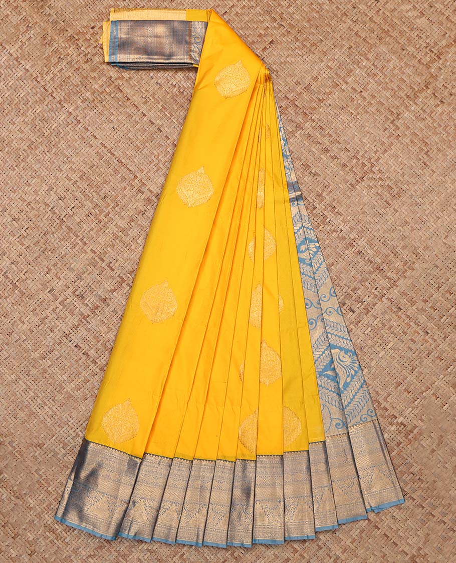Yellow Budget Silk Saree, Subtly Woven with Zari Buttas, Complemented by Contrast Traditional Zari Border, Grand Pallu and a Contrast Blouse