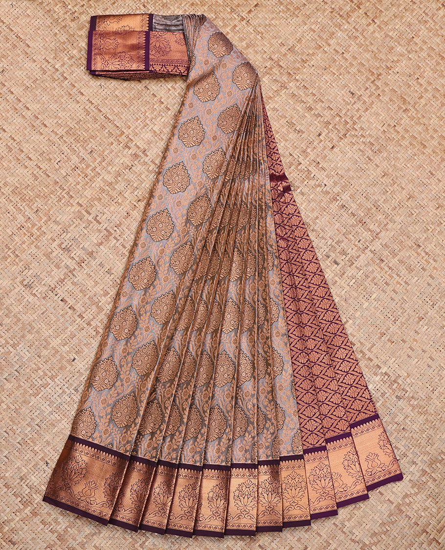 Grey Budget Silk Saree, Embellished with Jacquard, Complemented by Contrast Floral Zari Border, Jaal Pallu, and a Contrast Blouse