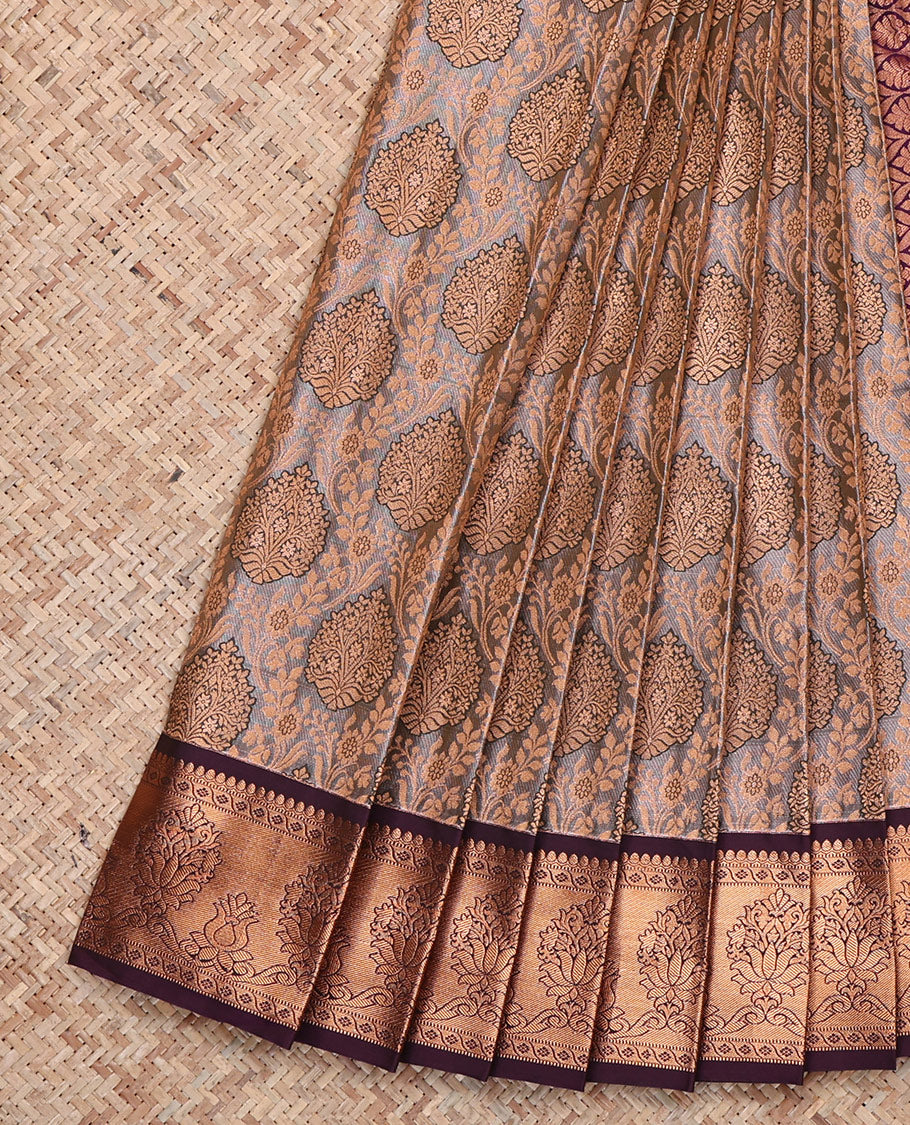 Grey Budget Silk Saree, Embellished with Jacquard, Complemented by Contrast Floral Zari Border, Jaal Pallu, and a Contrast Blouse