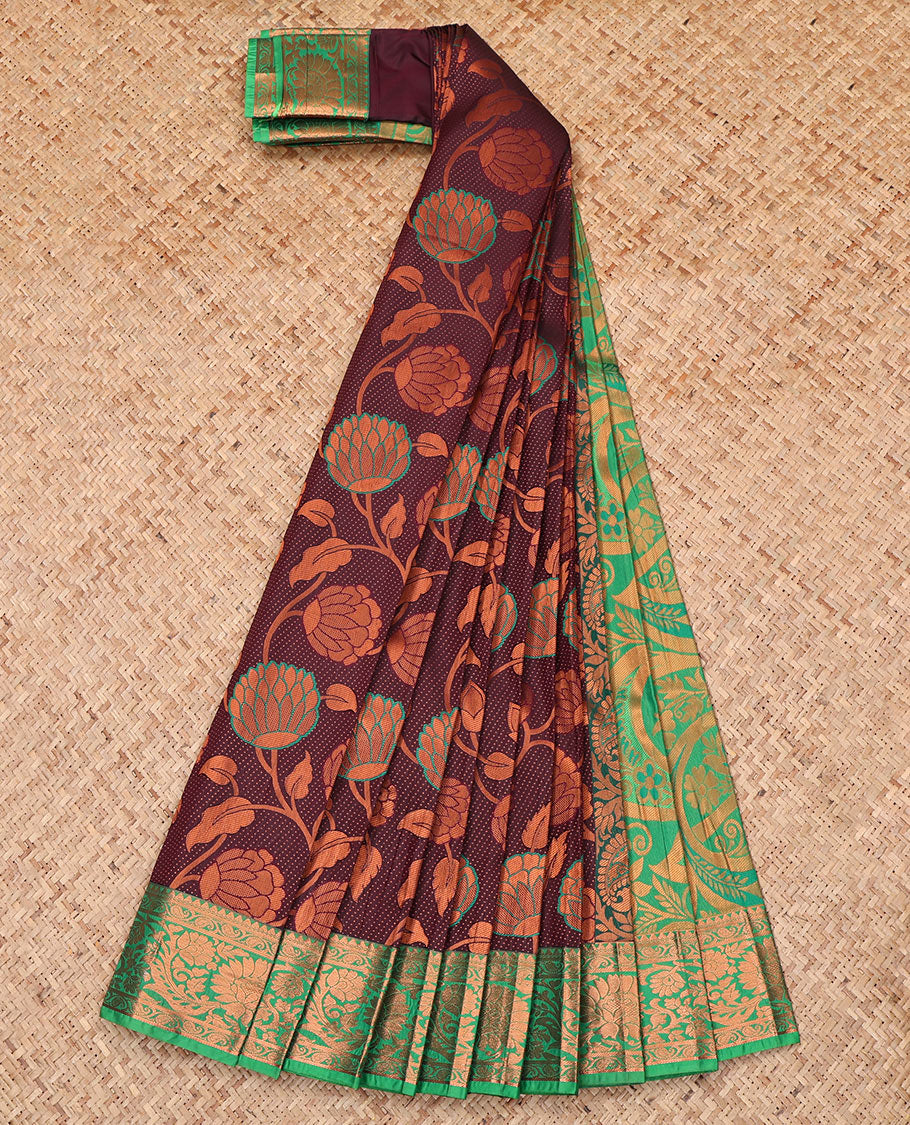 Brown Budget Silk Saree, Beautified with Jacquard Design, Complemented by a Contrast Floral Creeper Zari Border, Grand Pallu, and Contrast Blouse