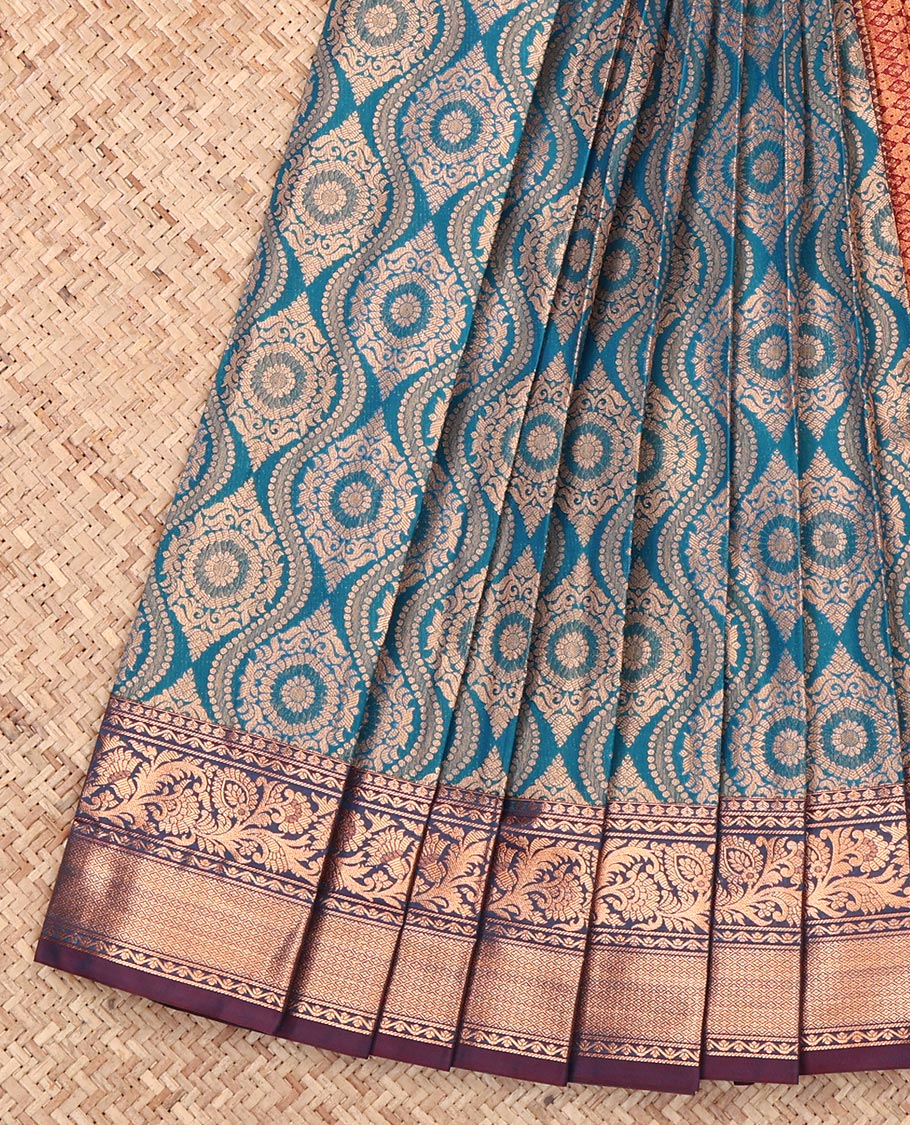 Peacock Blue Budget Silk Saree, Beautified with Ogee Jacquard Design, Complemented by a Contrast Traditional Zari Border, Grand Pallu, and a Contrast Blouse