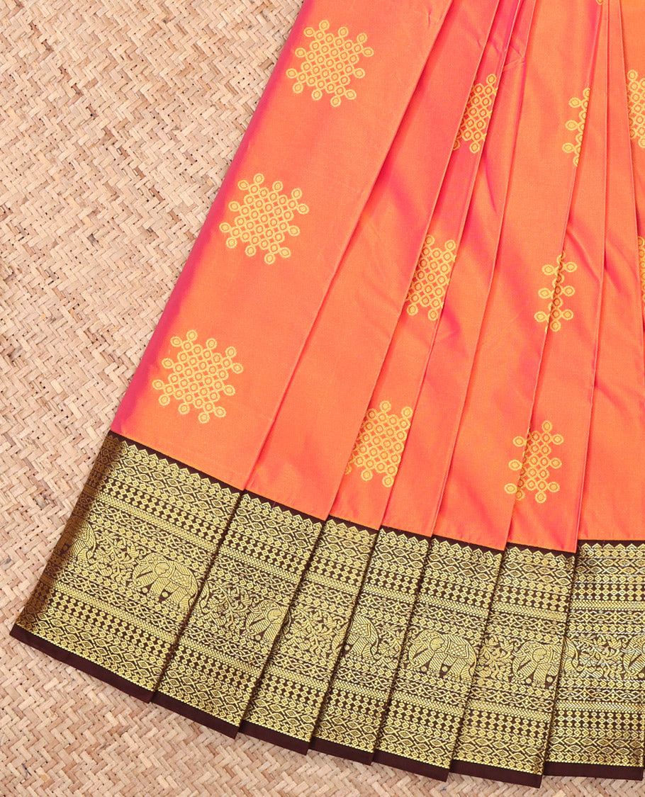 Orange Budget Silk Saree, Elevated with Kolam Buttas, Complemented by a Contrast Traditional Zari Border, Grand Pallu, and a Contrast Blouse