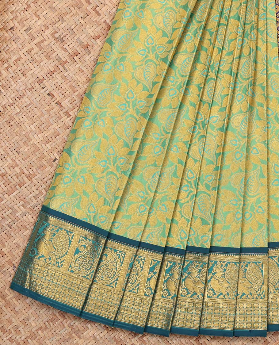 Green Budget Silk Saree, Enlivened with Floral Vine Design, Complemented by Contrast Traditional Peacock and Paisley Zari Border, a Jaal Pallu and a Contrast Blouse