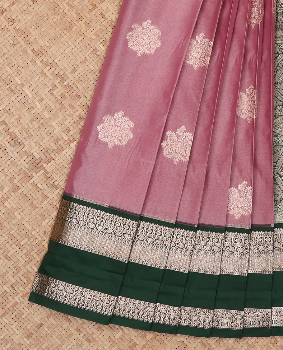 Pink Budget Silk Saree, Detailed with Zari Buttas, Complemented by a Contrast Traditional Zari Rettai Pettu Border, Grand Pallu, and a Contrast Blouse