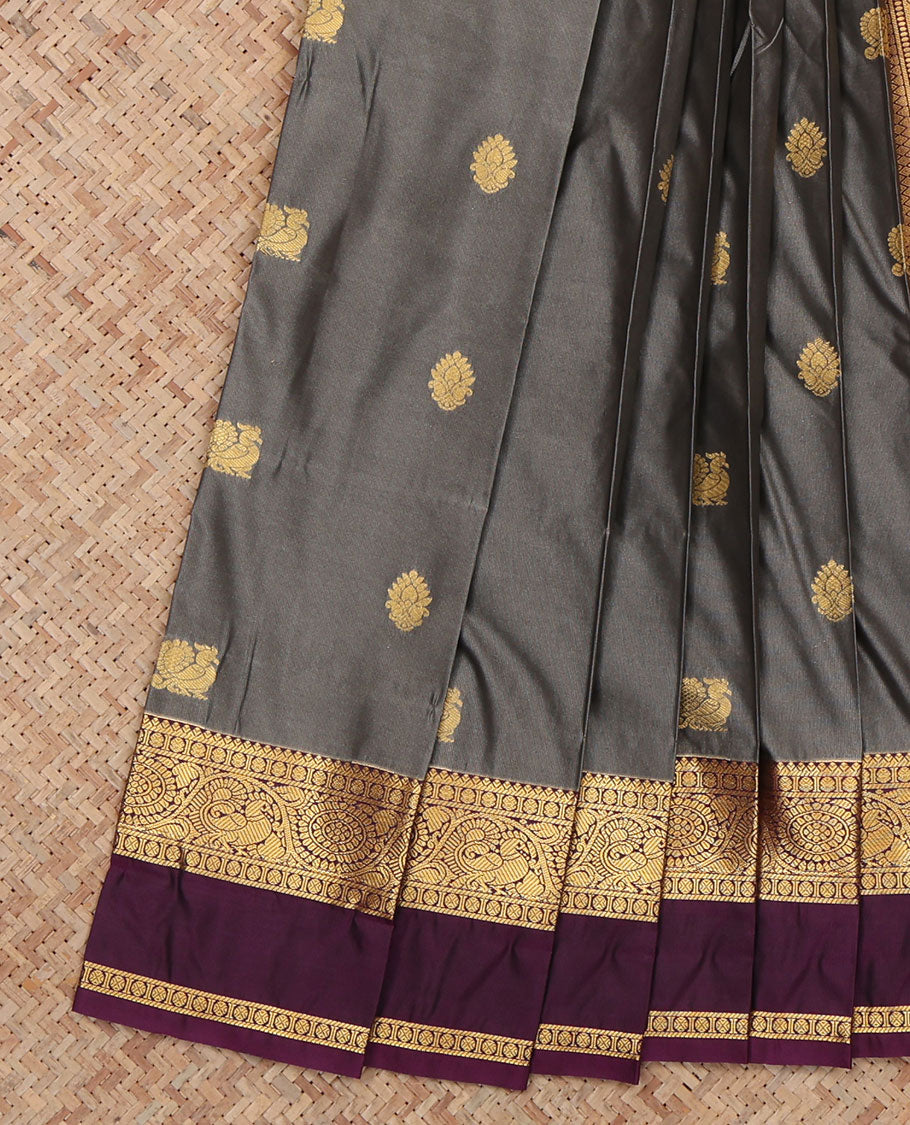 Grey Budget Silk Saree, Gleamed Up with Peacock-Floral Buttas, a Contrast Traditional Zari Rettai Pettu Border, a Jaal Pallu and a Contrast Blouse