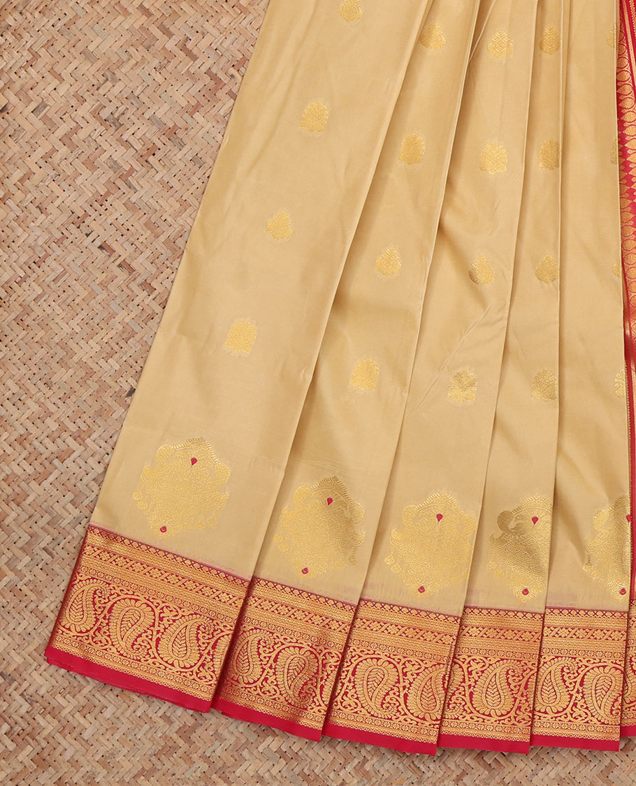 Sandal Budget Silk Saree, Spotlighted with Zari Buttas, Complemented by Contrast Traditional Zari Border, a Grand Pallu and a Contrast Blouse