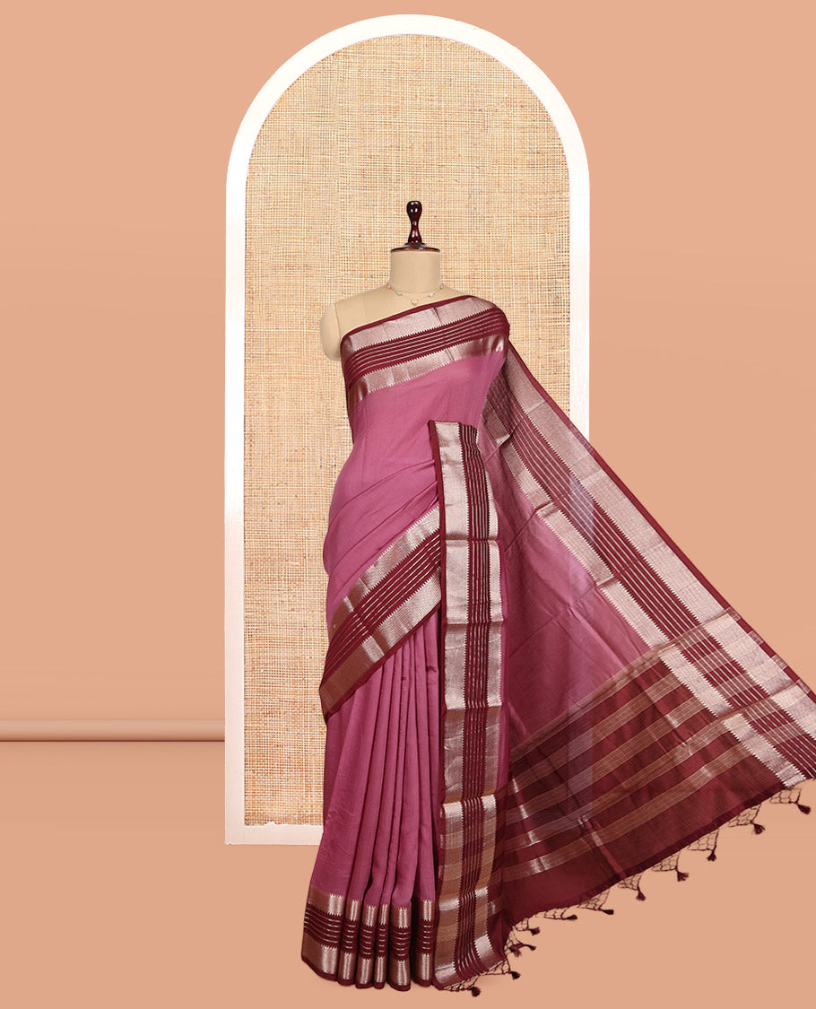 Rosewood Pink Plain Assam Silk Saree, Complemented by Contrast Traditional Zari Border, Zari Woven Pallu, and Contrast Blouse