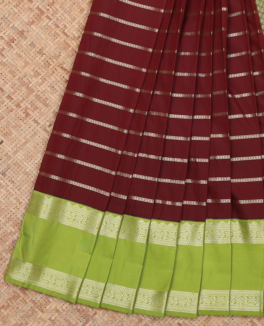 Maroon Budget Silk Saree, Bedecked with Neli Stripes, a Contrast Traditional Zari Rettai Pettu Border, Jaal Pallu, and a Contrast Blouse