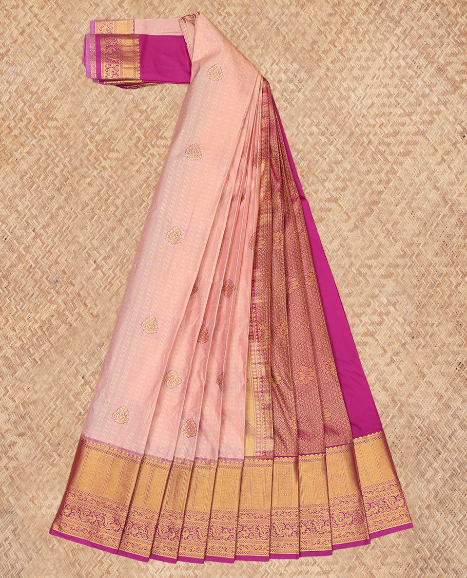Pink Budget Silk Saree, Highlighted by Zari Buttas, a Contrast Traditional Zari Border, Grand Jaal Pallu, and a Contrast Blouse
