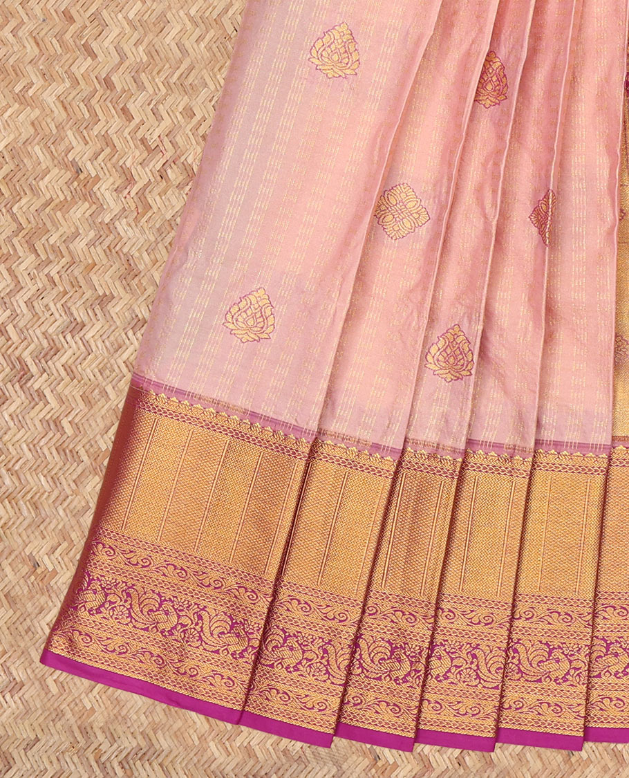 Pink Budget Silk Saree, Highlighted by Zari Buttas, a Contrast Traditional Zari Border, Grand Jaal Pallu, and a Contrast Blouse