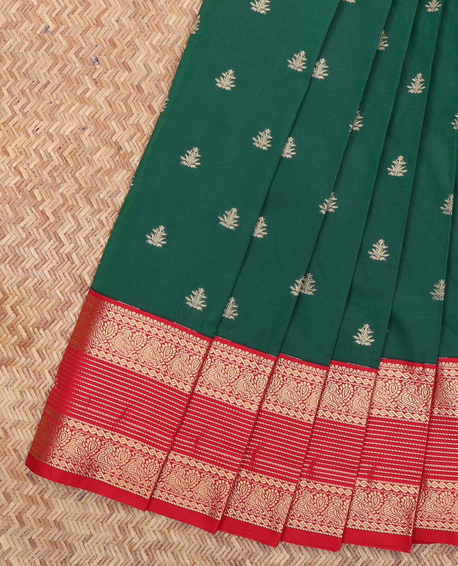 Green Budget Silk Saree, Beautifully Bedecked with Zari Buttas, a Contrast Traditional Zari Border, Grand Pallu, and a Contrast Blouse
