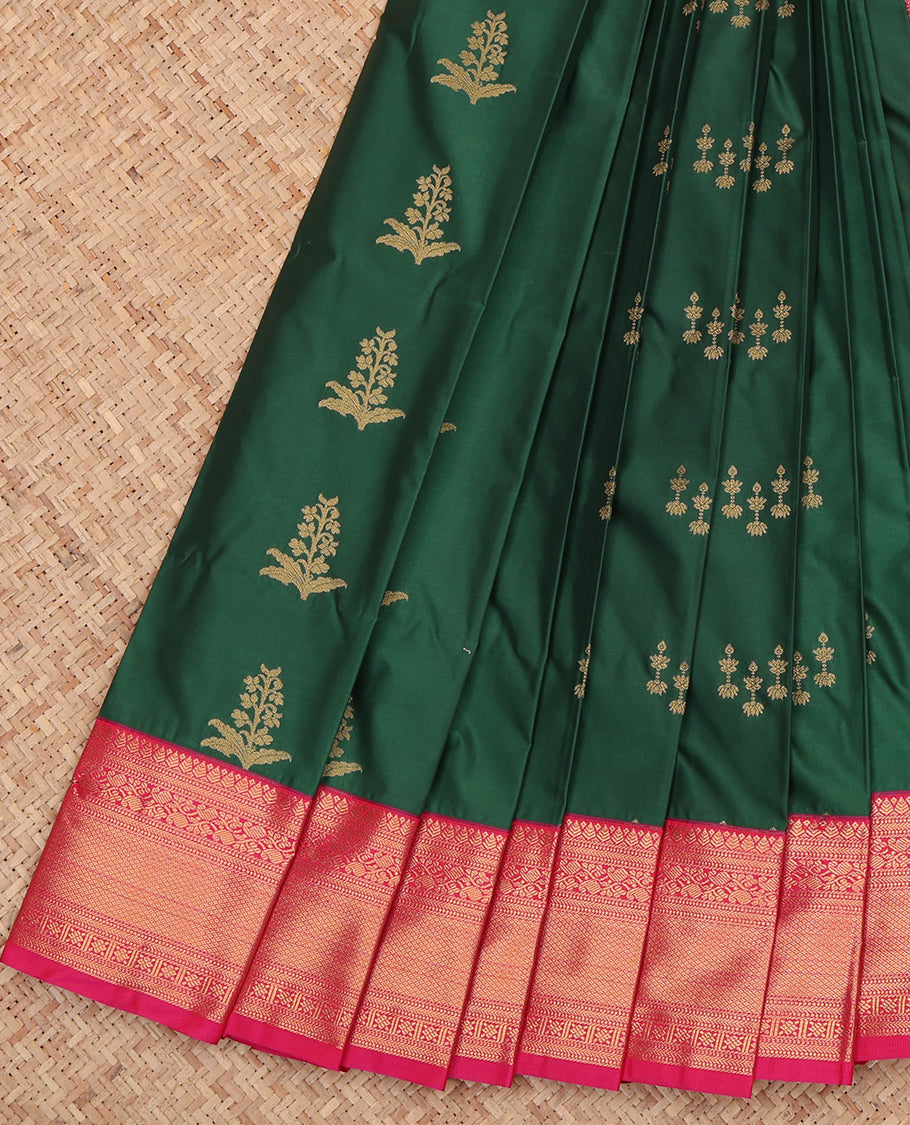 Green Budget Silk Saree, Embellished with Zari Buttas, a Contrast Traditional Zari Border, Jaal Pallu, and a Contrast Blouse