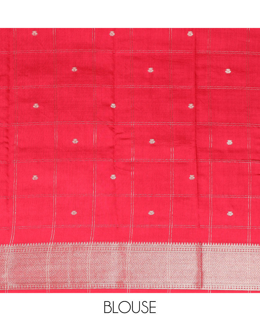 Green buttas enclosed checked assam silk saree, contrast traditional zari border, and pallu of zari design