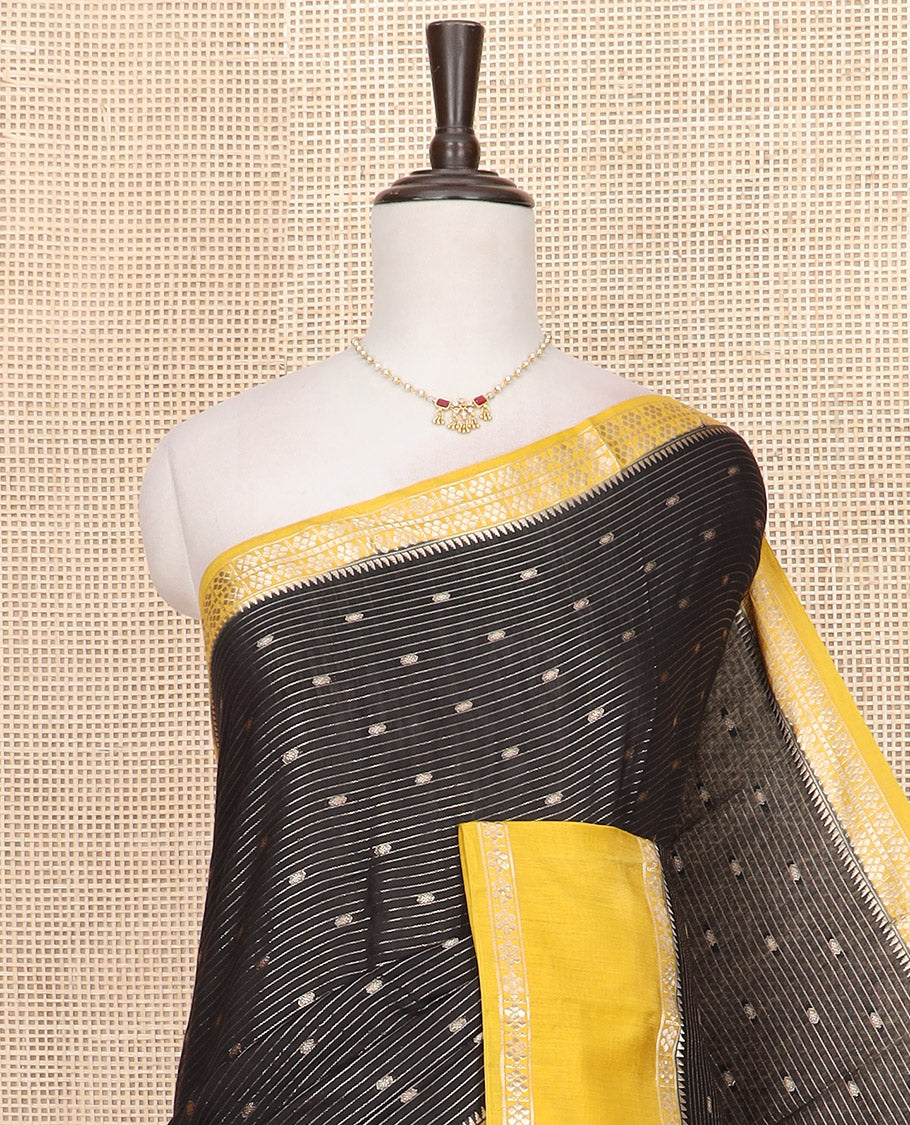 Black zari buttas and striped Assam silk saree, contrast traditional zari design border, and zari design pallu