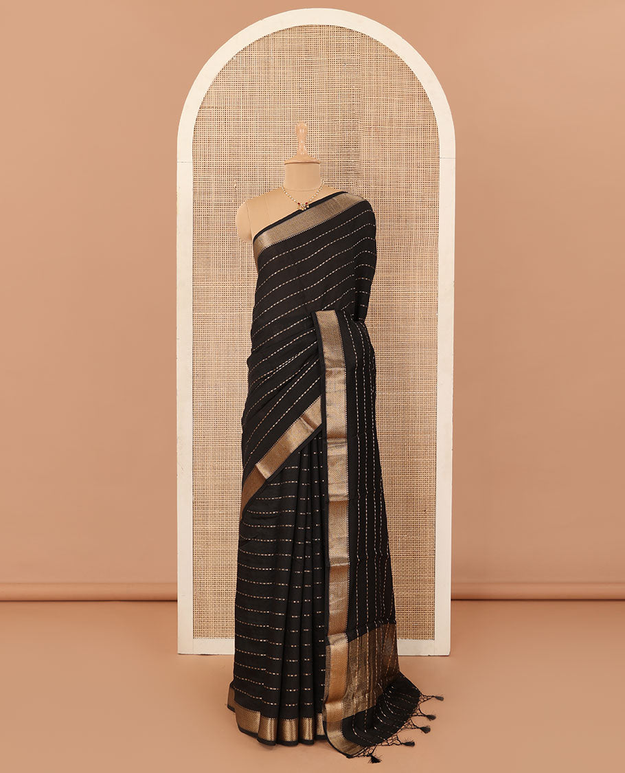 Black horizontal striped Assam cotton saree, traditional zari border, and zari striped pallu