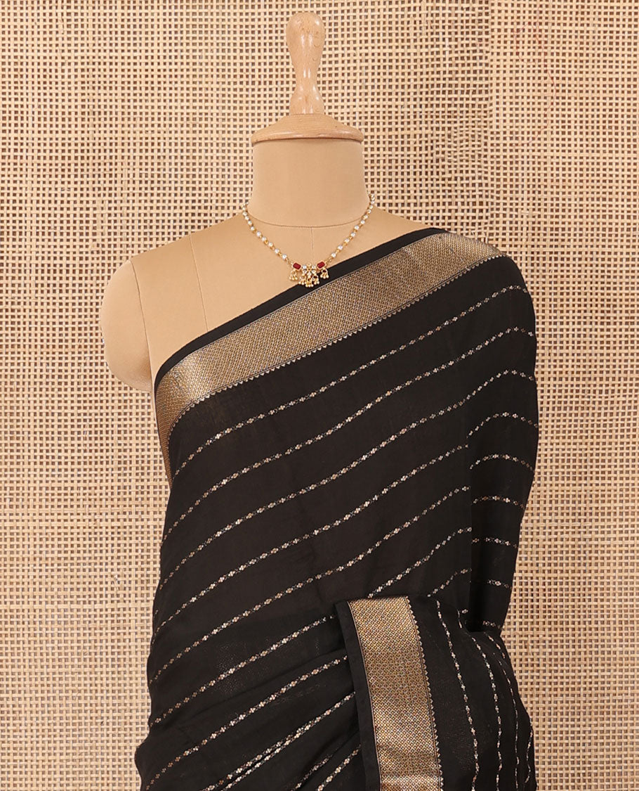 Black horizontal striped Assam cotton saree, traditional zari border, and zari striped pallu