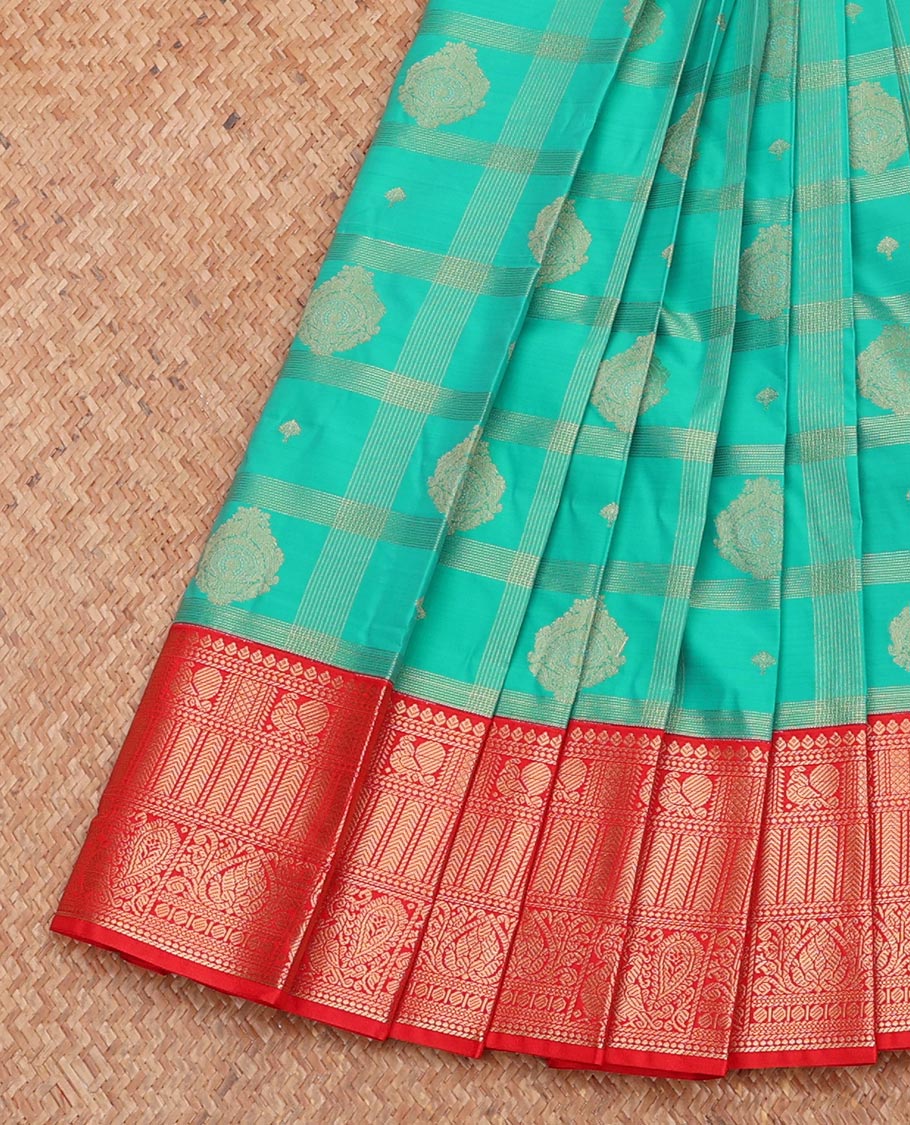 Green Budget Silk Saree, Accentuated with Zari Butta Enclosed Checks, Complemented by Contrast Traditional Zari Border, Grand Pallu, and Contrast Blouse