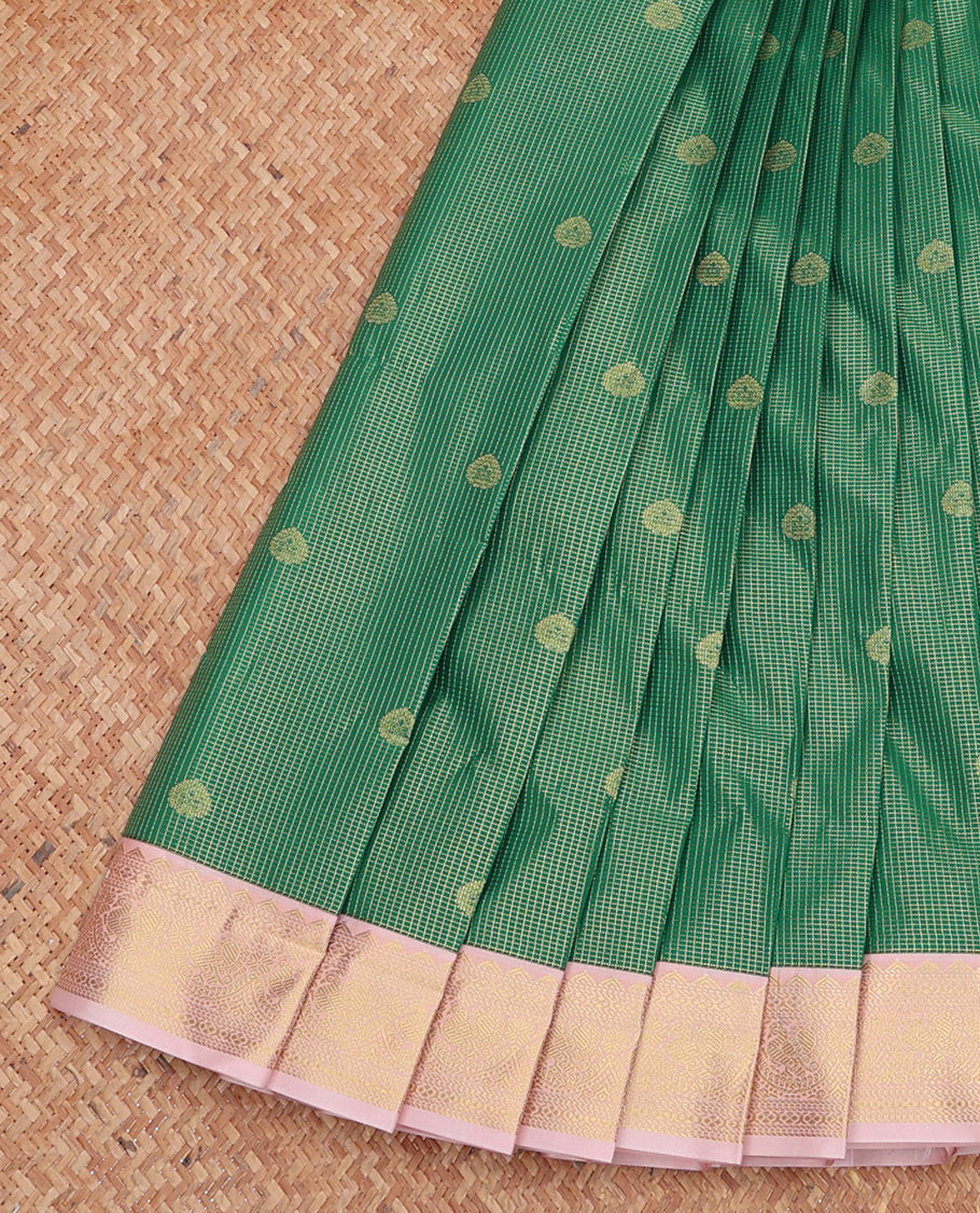 Green Budget Silk Saree, Detailed with Zari Buttas and Checks, Complemented by a Contrast Traditional Zari Border, Grand Pallu, and Contrast Blouse