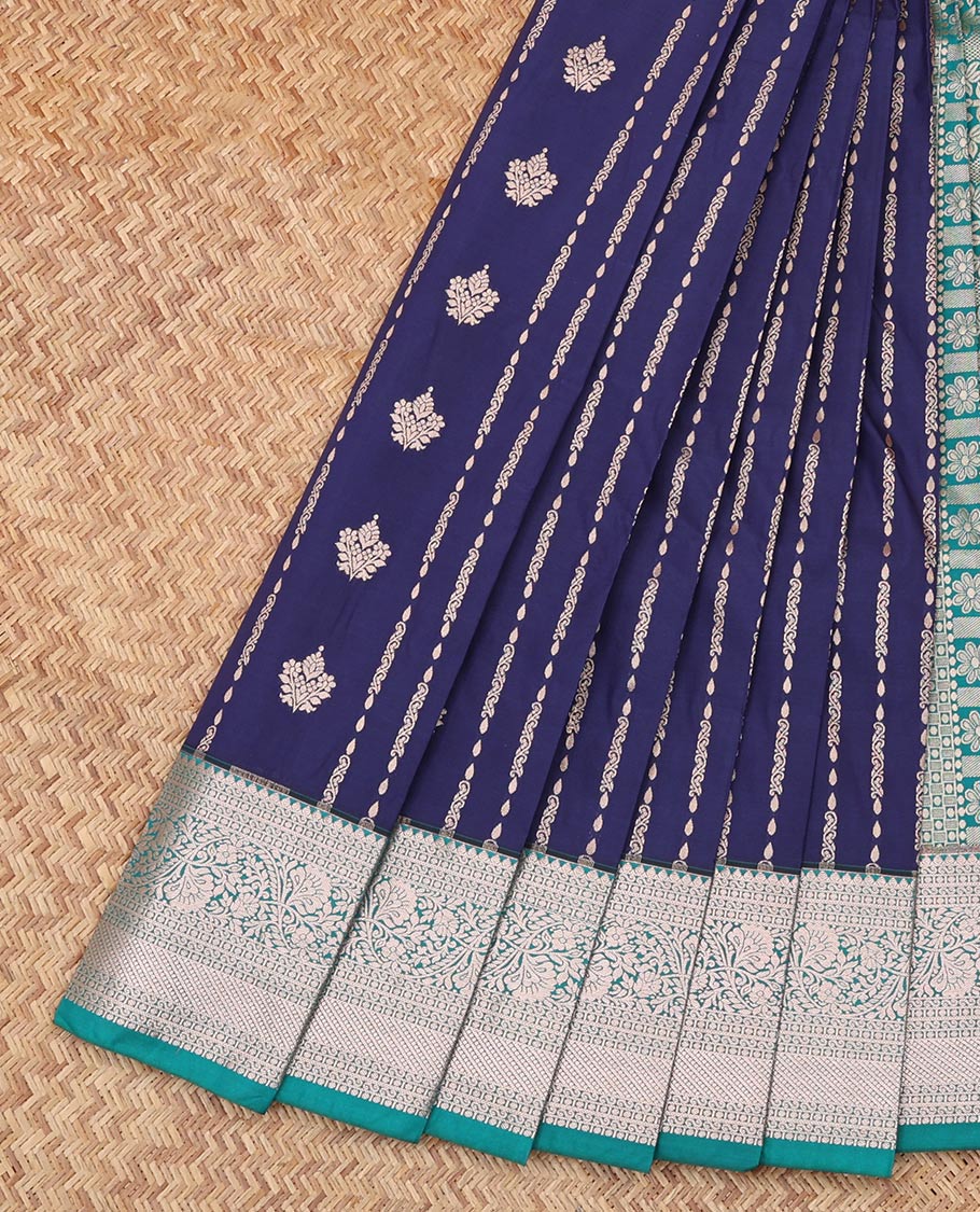 Navy Blue Budget Silk Saree, Spotlighted with Zari Stripes, Complemented by Contrast Traditional Zari Border, an Intricate Pallu and a Contrast Blouse