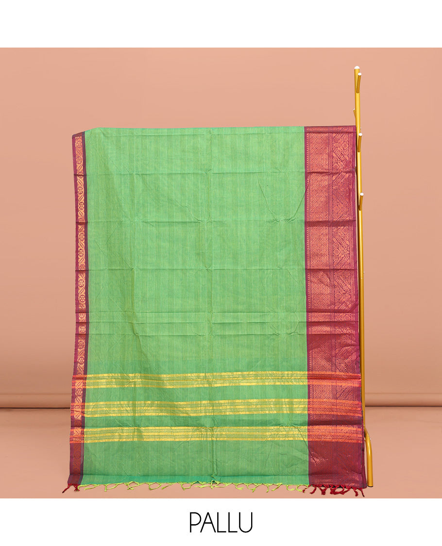 Green Chettinad Cotton Saree, Sparsely Designed with Stripes All Over Its Body, Complemented by a Contrast Traditional Zari Design Border, Pallu of Stripes, and Paired with a Matching Blouse