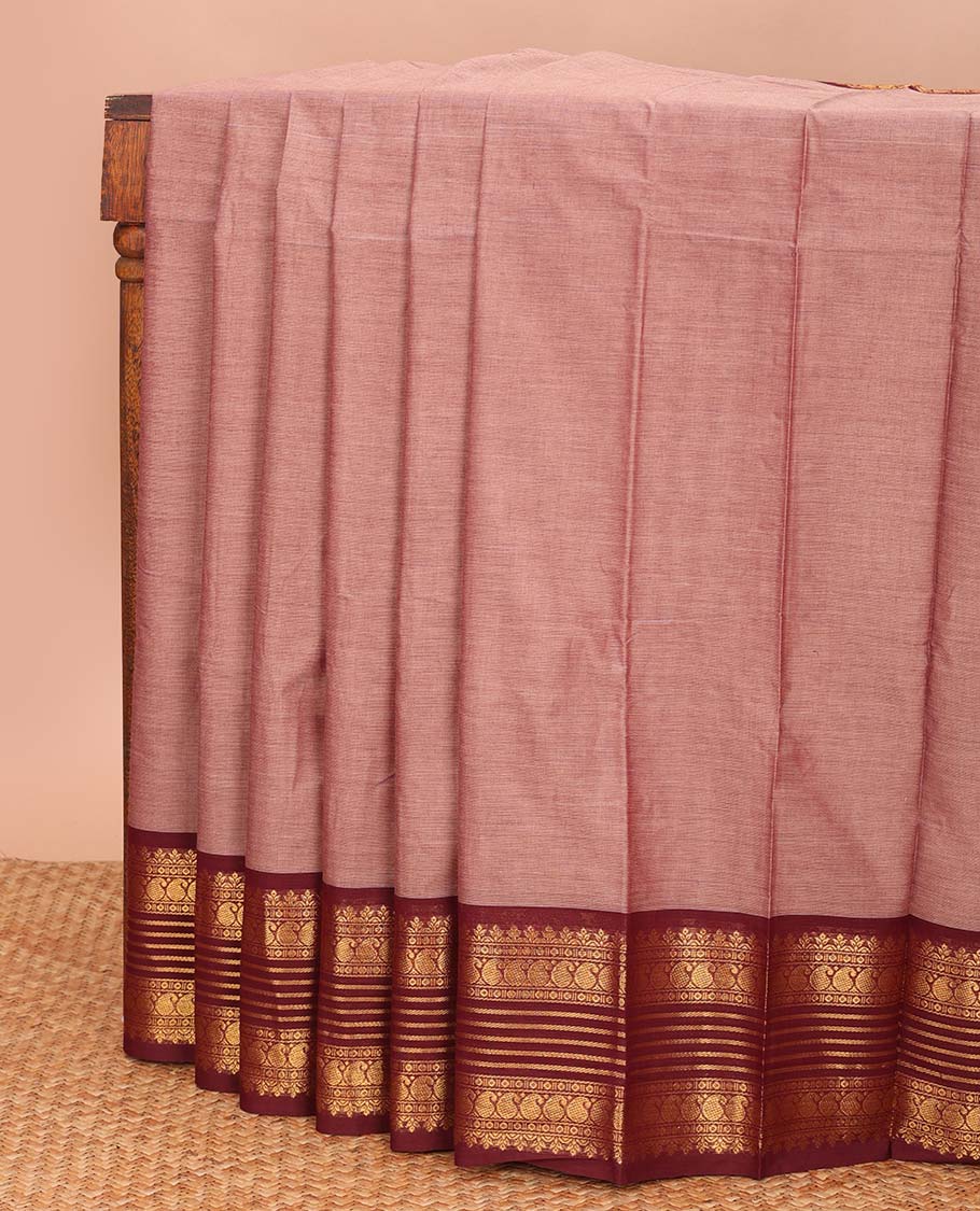 Peach plain design chettinad cotton saree, contrast traditional motifs zari woven border, and striped pallu