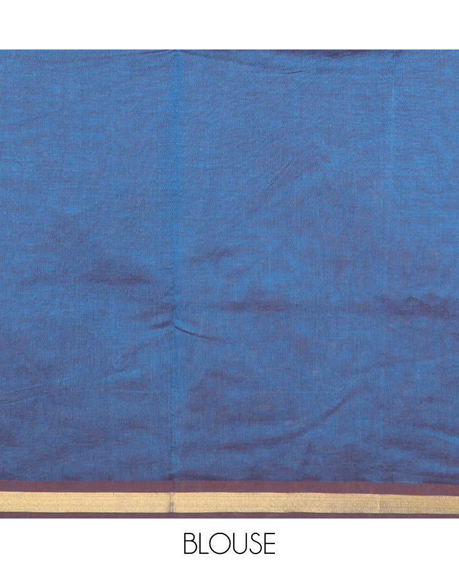 Blue plain poly cotton saree, piping border, and striped pallu