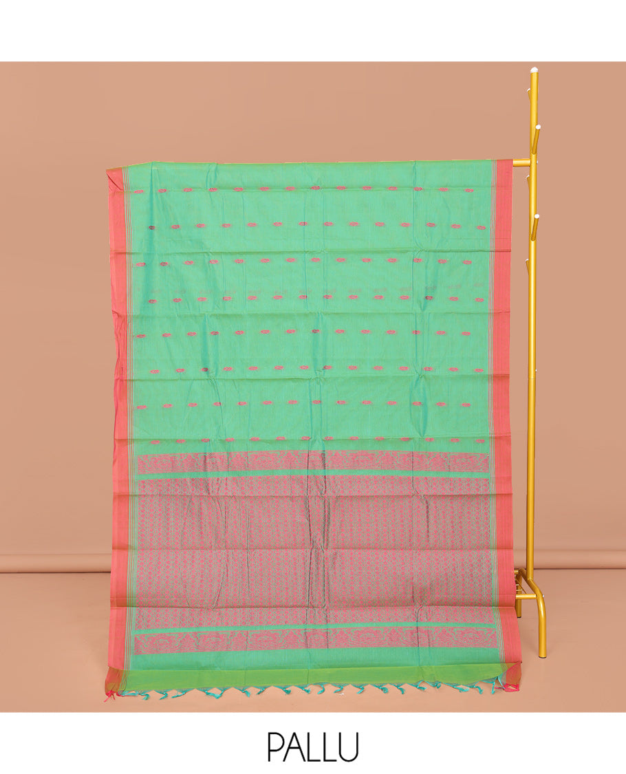 Green Kanchi Cotton Saree, Ornamented with Buttas All Over Its Body, Complemented by a Contrast Border, Pallu of Geometric Designs, and Paired with a Matching Blouse