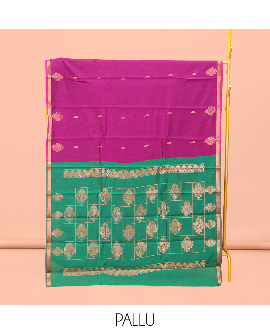 Rani Pink Semi-Silk Cotton Saree, Gleamed Up with Zari Buttas All Over Its Body, Highlighted by a Zari Piping Border, Complemented by a Contrast Pallu of Butta Enclosed Checked Design, and Paired with a Contrast Blouse