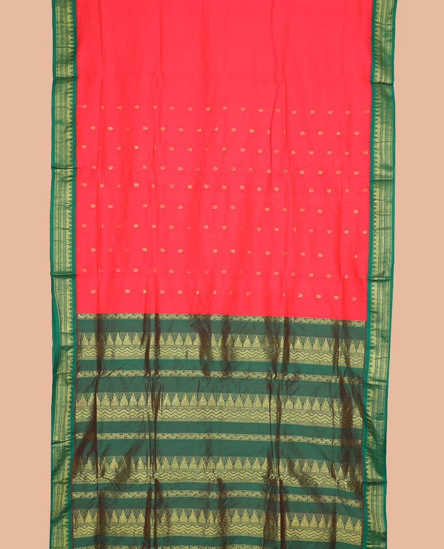Red buttas nine-yard cotton saree, contrast zari border, and pallu steeped with traditional motifs